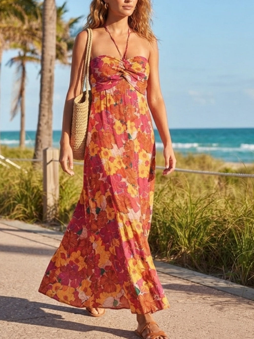 Fashion Nova Vibrant Floral Halter Maxi Dress - Boho Summer Tropical Print❤️